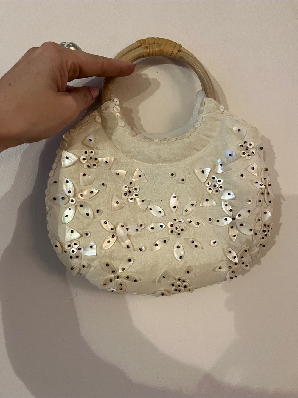 Coldwater Creek Cream Beaded Floral Mini Bag with Bamboo Handles